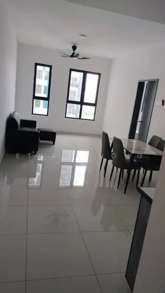 Living features: white painted walls, glossy ceramic tile flooring, 5-blade ceiling fan, floor-to-ceiling windows, black sofa, dining table with grey upholstered chairs, neutral color palette, open layout; style: modern.