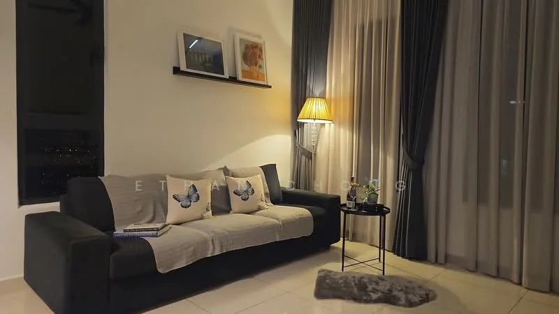 Living features: 3-seater fabric sofa in black, decorative throw blanket, 4 decorative cushions with butterfly pattern, round side table with metal frame, table lamp with fabric shade, floor-to-ceiling windows, sheer curtains, blackout curtains, glossy tile flooring, framed artwork on wall, area rug with soft texture; style: modern; view: city.