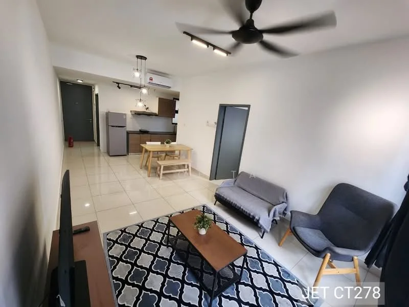 Living features: 5-blade ceiling fan with light, wall-mounted TV, 2-seater fabric sofa in grey, armchair with wooden legs, coffee table with wooden surface, area rug with geometric pattern, tile flooring, white painted walls, recessed downlights; style: modern. Kitchen features: open-plan kitchen, stainless-steel fridge, wood cabinetry, countertop with bar seating, pendant lighting, ceramic tile backsplash; style: modern.