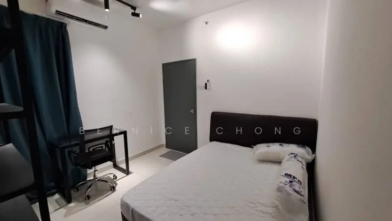 Bedroom features: queen-size bed, upholstered headboard, white bedding, desk with chair, floor-to-ceiling window with curtain, white painted walls, tile flooring, air conditioning unit, light fixture on ceiling, door with handle, wall-mounted hook; style: modern.
