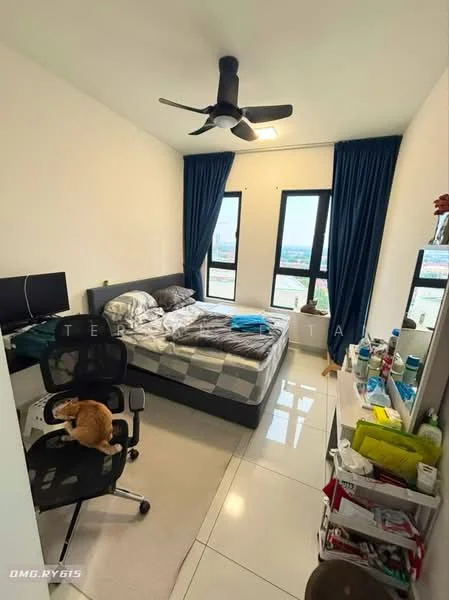 Bedroom features: queen-size bed with grey bedding, upholstered headboard, 2 bedside tables, desktop computer setup with dual monitors, black office chair, floor-to-ceiling windows, blue curtains, white walls, white tile flooring, ceiling fan with light, decorative plants, storage cabinet with various items; style: modern; view: city.