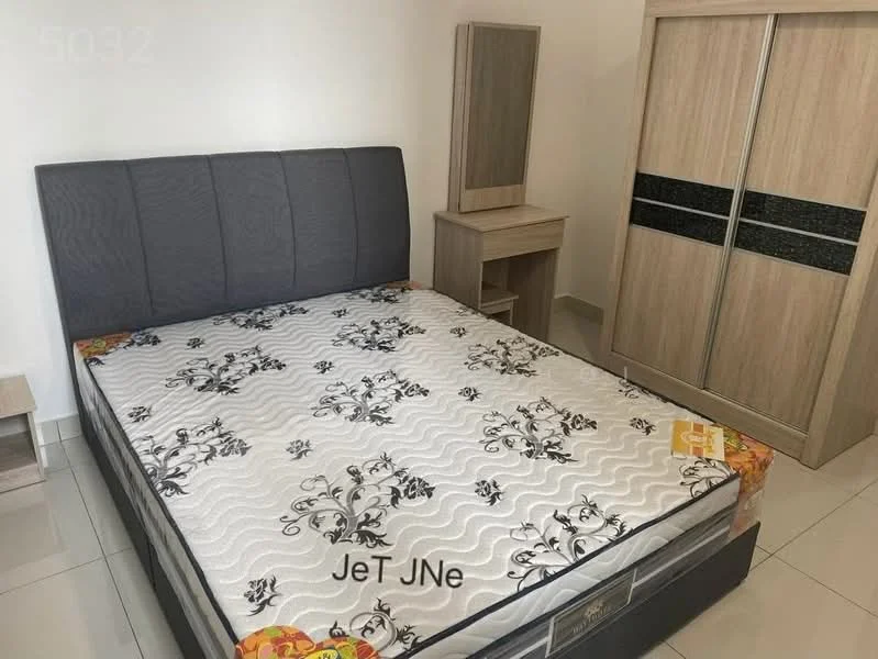 Bedroom features: queen-size bed, upholstered headboard in grey, mattress with floral pattern, wooden bedside table, wooden wardrobe with sliding doors, tile flooring, white painted walls, natural light from window; style: modern.