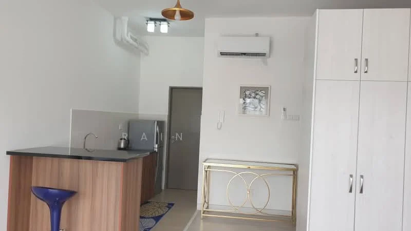 Kitchen features: black countertop, wood cabinetry, stainless-steel kettle, refrigerator, wall-mounted split AC, pendant light, open shelving, decorative console table, blue area rug; style: modern.
