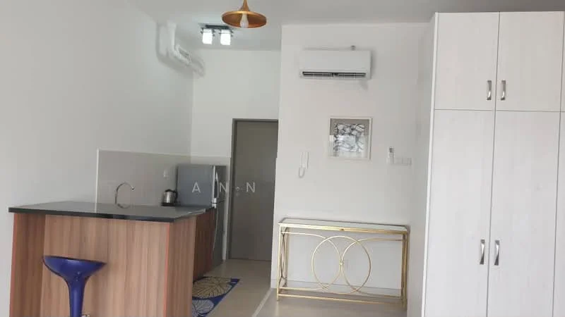 Kitchen features: black countertop, wood cabinetry, stainless-steel sink, chrome faucet, built-in air conditioning unit, recessed downlights, kitchen island, bar stool, wall-mounted artwork, white walls, tile flooring; style: modern.
