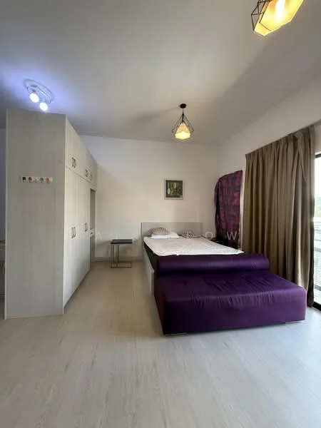 Bedroom features: queen-size bed, purple upholstered bed frame, built-in wardrobe with sliding doors, side table, wooden flooring, large window with curtains, pendant lighting, decorative wall art, white painted walls; style: modern.