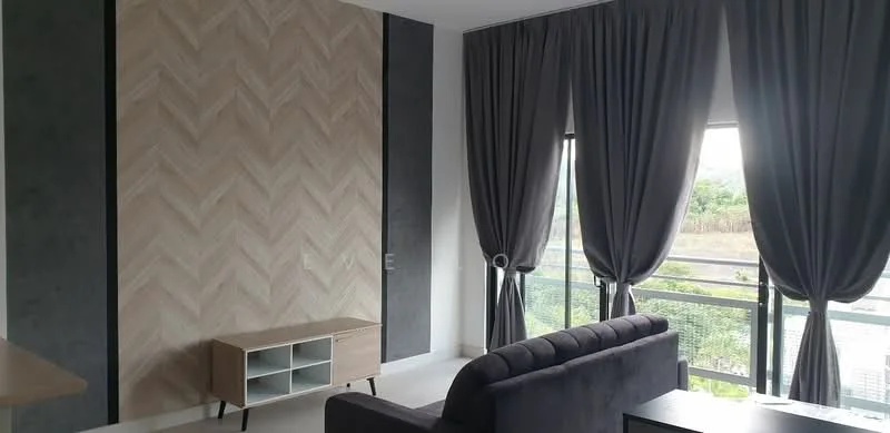 Living features: grey fabric sofa, wooden coffee table, chevron-patterned accent wall, dark grey painted wall, light grey painted wall, floor-to-ceiling windows, sheer curtains, blackout curtains, light-colored flooring; style: modern; view: garden.
