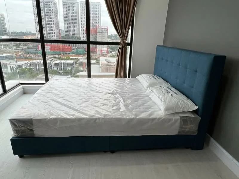 Bedroom features: king-size bed with upholstered headboard, white bedding, floor-to-ceiling windows, city view, grey painted walls, light-colored laminate flooring, curtains, nightstand, decorative pillows; style: modern; view: city.