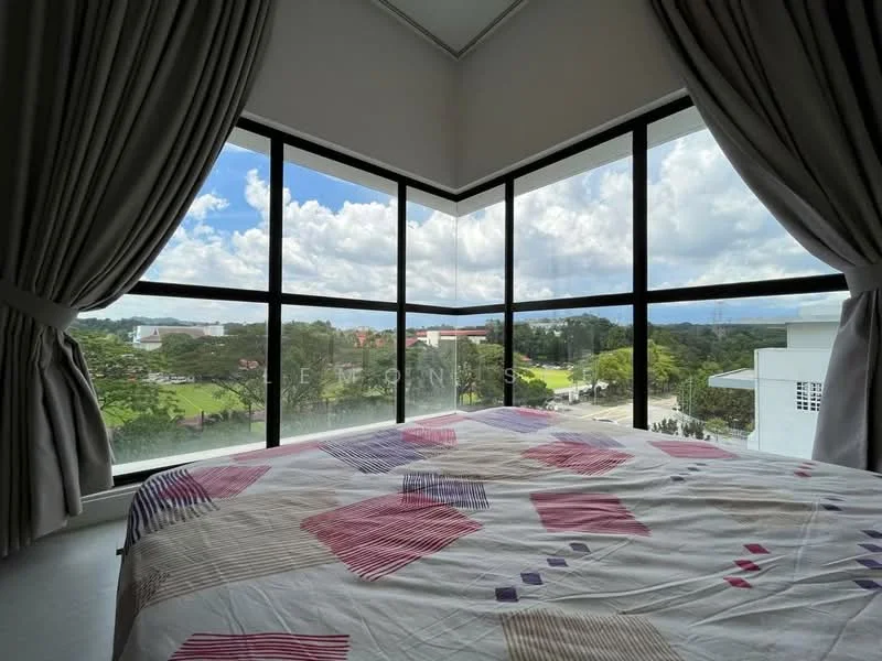 Bedroom features: large floor-to-ceiling windows, curtains, queen-size bed with patterned bedding, white walls, light-colored flooring, view of greenery, view of city skyline, natural light; style: modern; view: garden.
