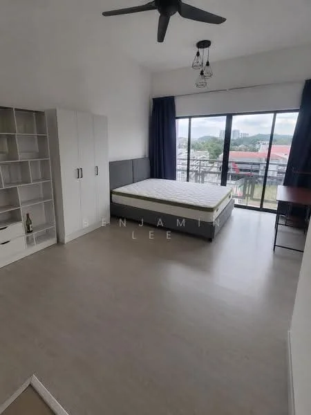 Bedroom features: queen-size bed, upholstered headboard, 2 bedside lamps, floor-to-ceiling windows, sliding glass door, curtains, ceiling fan, light fixture, built-in wardrobe, study desk, wooden flooring, neutral wall color; style: modern; view: city.