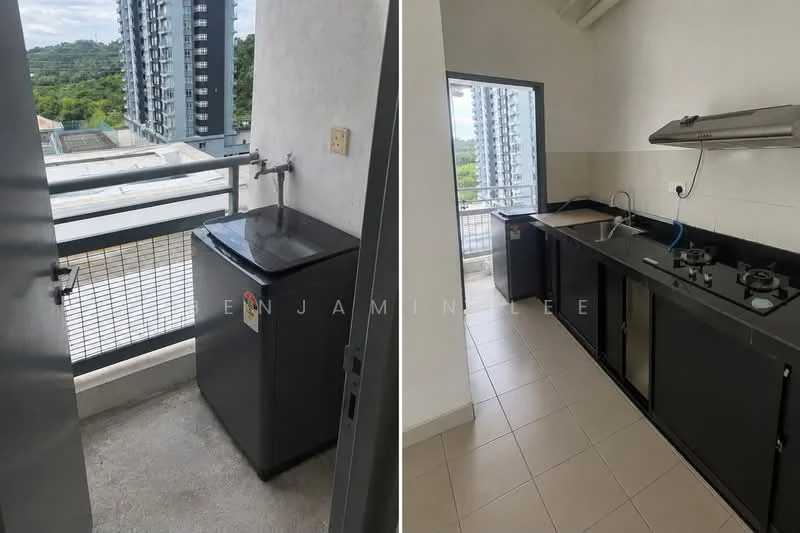 Kitchen features: black cabinetry, black countertop, stainless-steel sink, chrome faucet, 3-burner gas hob, wall-mounted exhaust hood, tile flooring, window with view of greenery; style: modern; view: garden. Balcony features: metal railing, concrete flooring, outdoor sink; view: city.