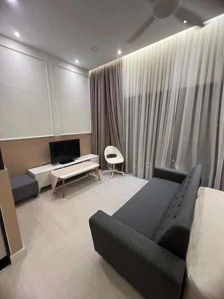 Living features: grey fabric sofa, white coffee table, wall-mounted TV, TV console, floor-to-ceiling windows with sheer curtains, recessed downlights, ceiling fan, light wood flooring, decorative wall paneling, neutral wall color, white accent wall; style: modern.