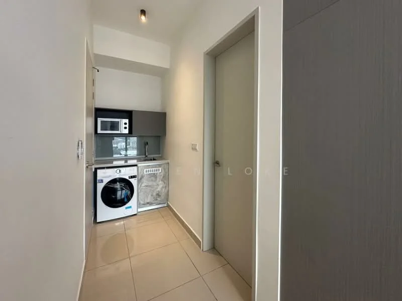 Laundry features: white front-load washing machine, white dryer, stainless-steel countertop, microwave, cabinetry with grey finish, cream tiled flooring, recessed ceiling light, single door, neutral wall colour; style: modern.