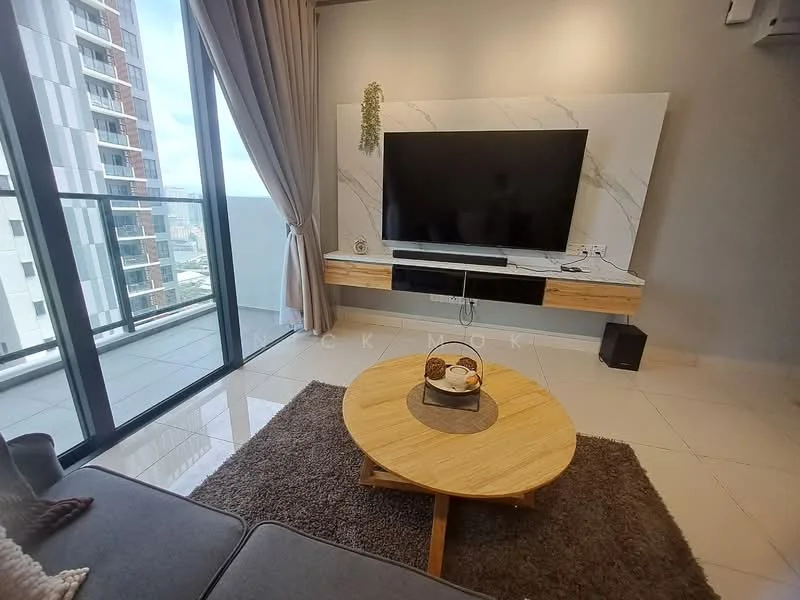 Living features: floor-to-ceiling windows, grey fabric sofa, wooden coffee table, TV console with marble top, wall-mounted TV, decorative wall panel, curtains, area rug, speakers, decorative plant, light-colored walls, tile flooring; style: modern; view: city.