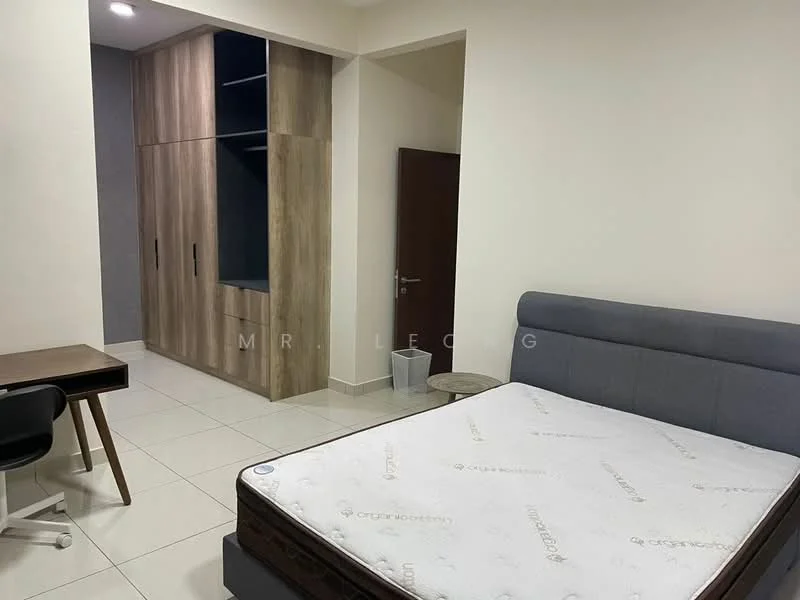 Bedroom features: queen-size bed, upholstered headboard, built-in wardrobe with wood finish, study desk with chair, white walls, tile flooring, recessed downlights, window with no visible treatment; style: modern.
