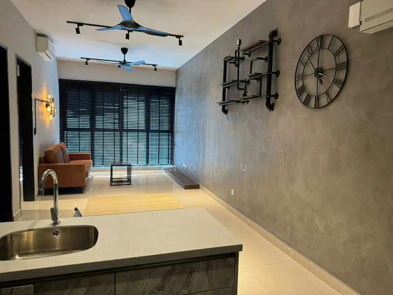 Living features: grey accent wall, white painted walls, floor-to-ceiling windows, blackout blinds, 2-blade ceiling fan, 3-seater fabric sofa in orange, wooden flooring, wall clock, decorative shelving unit, air conditioning unit; style: modern. Kitchen features: single-bowl stainless-steel sink, grey cabinetry, white quartz countertop, stainless-steel faucet; style: modern.