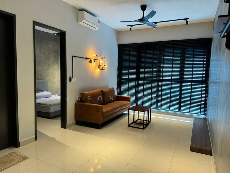 Living features: 3-seater fabric sofa in brown, wooden coffee table, wall-mounted TV, floor-to-ceiling windows with black blinds, white tiled flooring, 1 wall-mounted split AC, ceiling fan with light, decorative wall sconce, grey accent wall, wooden bench, neutral wall colour; style: modern. Bedroom features: queen-size bed, grey bedding, nightstand, wall-mounted light fixture.