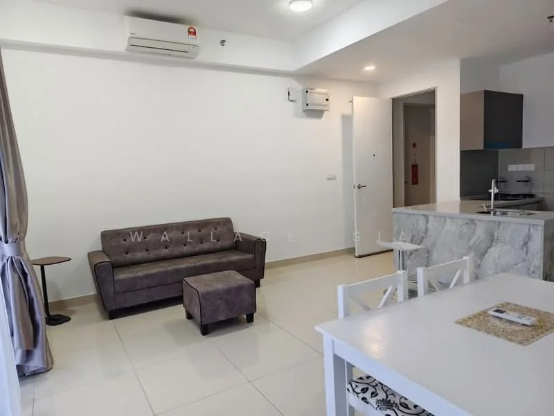 Living features: 3-seater fabric sofa in grey, ottoman, dining table with 4 chairs, white walls, tile flooring, wall-mounted split AC, recessed downlights, kitchen island with marble countertop, open layout, curtains, door to hallway; style: modern.