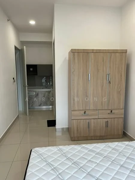 Bedroom features: light-colored wooden wardrobe, white walls, tile flooring, recessed ceiling lights, queen-size bed with mattress, doorway leading to kitchen area; style: modern.