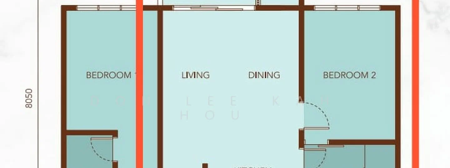 Floor plan: 2-bedroom unit; features: open-plan living-dining layout, two bedrooms, utility area, central corridor.