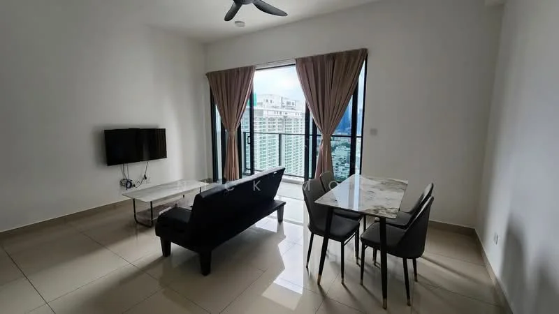 Living features: floor-to-ceiling windows, sliding glass door, grey fabric sofa, marble-top coffee table, 4-seater dining table, black dining chairs, light-colored walls, cream tiled flooring, ceiling fan with light, curtains, city view; style: modern; view: city.