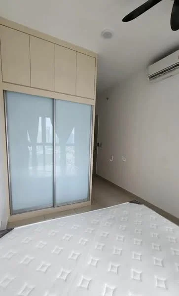 Bedroom features: built-in wardrobe with sliding doors, cream cabinetry, wall-mounted air conditioning unit, ceiling fan, white walls, tile flooring, window with city view, queen-size bed with mattress; style: modern; view: city.