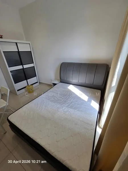 Bedroom features: queen-size bed, upholstered headboard, white walls, tile flooring, window with sheer curtains, nightstand, built-in wardrobe with sliding doors, light-colored bedding; style: modern.