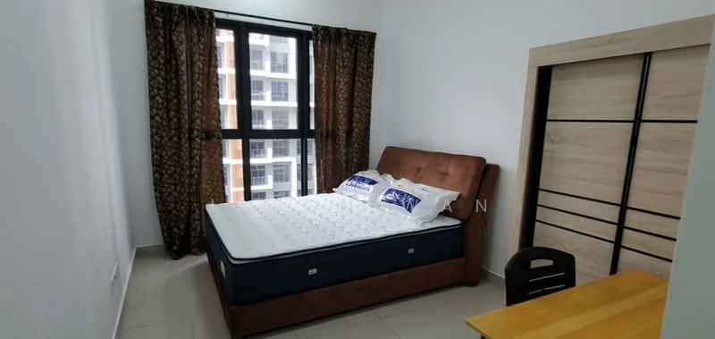 Bedroom features: queen-size bed with upholstered headboard, bedding with decorative pillows, wooden wardrobe with sliding doors, window with black-out curtains, light-colored painted walls, tile flooring, study desk, chair; style: modern.