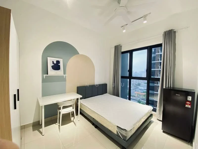 Bedroom features: queen-size bed, upholstered headboard, white walls, grey accent wall, floor-to-ceiling windows, curtains, ceiling fan with light, study desk, white chair, black fridge, built-in wardrobe; style: modern; view: city.