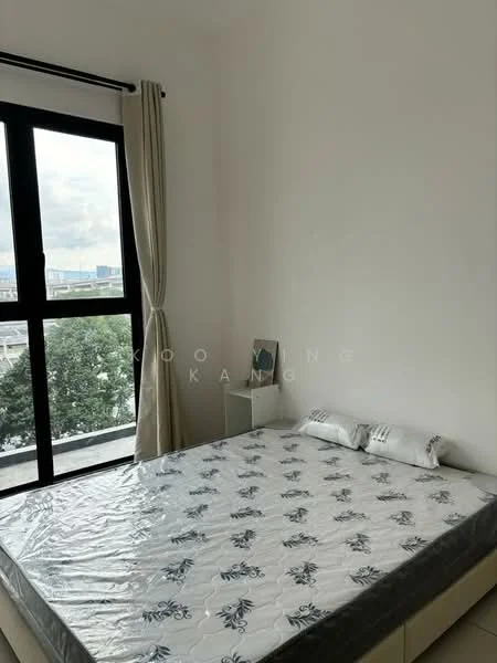 Bedroom features: queen-size bed, white bedding with floral pattern, floor-to-ceiling window, black window frame, curtains, light grey walls, nightstand, decorative artwork, wooden flooring; style: minimalist; view: city.