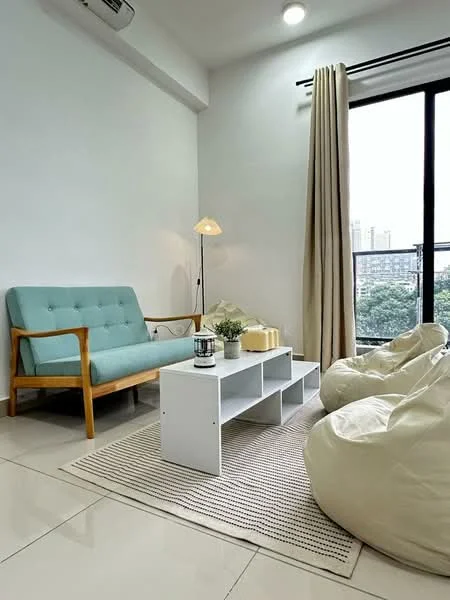Living features: light blue fabric sofa with wooden frame, white coffee table with open shelving, beige area rug, floor-to-ceiling windows, sheer curtains, pendant lamp, decorative plant on table, bean bag chairs in cream color, white tiled flooring, wall-mounted air conditioning unit, recessed ceiling lights; style: modern; view: city.