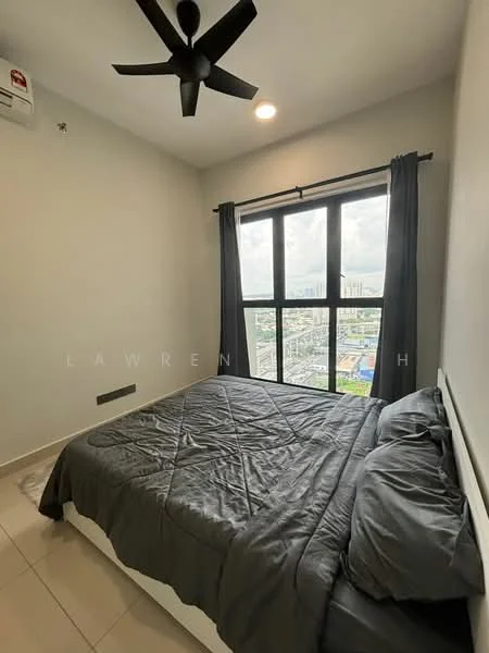 Bedroom features: queen-size bed with grey bedding, floor-to-ceiling window, blackout curtains, 5-blade ceiling fan, light fixture, cream painted walls, tile flooring, air conditioning unit; style: modern; view: city.