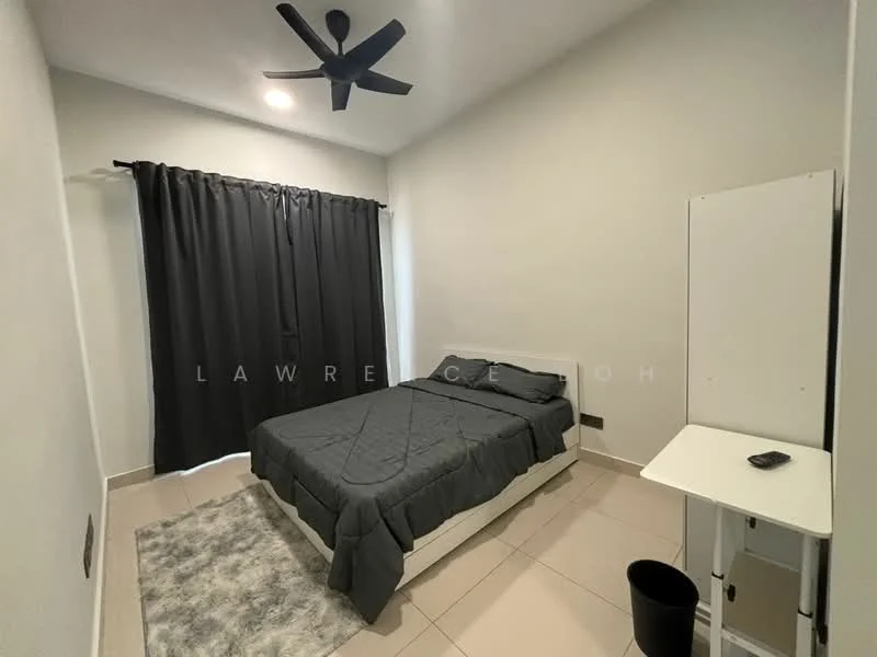 Bedroom features: queen-size bed with grey bedding, black curtains, ceiling fan, light grey area rug, white bedside table, black waste bin, tiled flooring, white walls; style: modern.