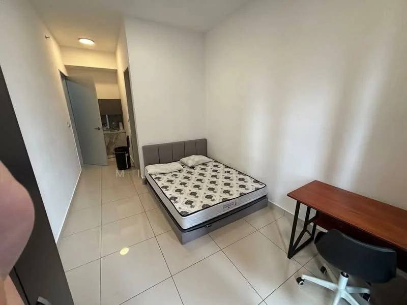 Bedroom features: queen-size bed, upholstered headboard, white walls, tile flooring, desk with wooden surface, black chair, floor-to-ceiling window, light fixture in ceiling; style: modern.