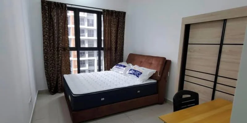 Bedroom features: queen-size bed with upholstered headboard, two decorative pillows, floor-to-ceiling window, brown patterned curtains, light grey painted walls, tile flooring, wooden wardrobe with sliding doors, study desk with wooden surface, black chair; style: modern.