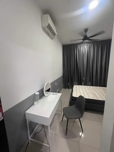 Bedroom features: queen-size bed, white painted walls, grey accent wall, tile flooring, 5-blade ceiling fan, wall-mounted split AC, blackout curtains, dressing table with mirror, grey chair; style: modern.