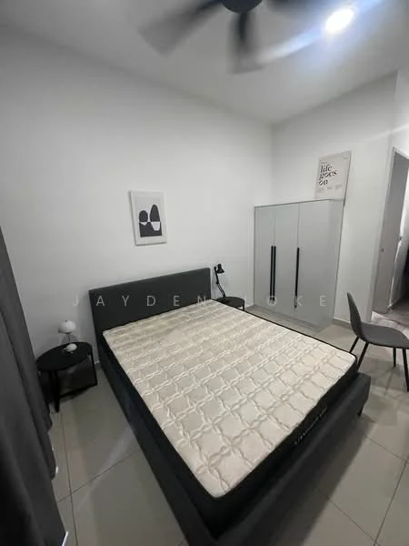 Bedroom features: queen-size bed, upholstered headboard, grey bed frame, white bedding, 2 bedside tables, black bedside lamp, built-in wardrobe with sliding doors, ceiling fan, wall art with abstract design, grey curtains, tile flooring, white painted walls, recessed ceiling lights; style: modern.