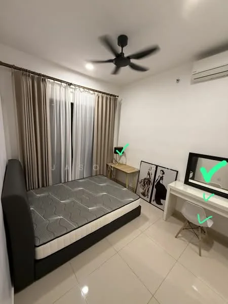 Bedroom features: queen-size bed with grey upholstered headboard, 2 bedside tables, white desk with chair, floor-to-ceiling window with sheer curtains, 5-blade ceiling fan, wall-mounted air conditioning unit, white painted walls, glossy tile flooring, framed artwork on the floor; style: modern.