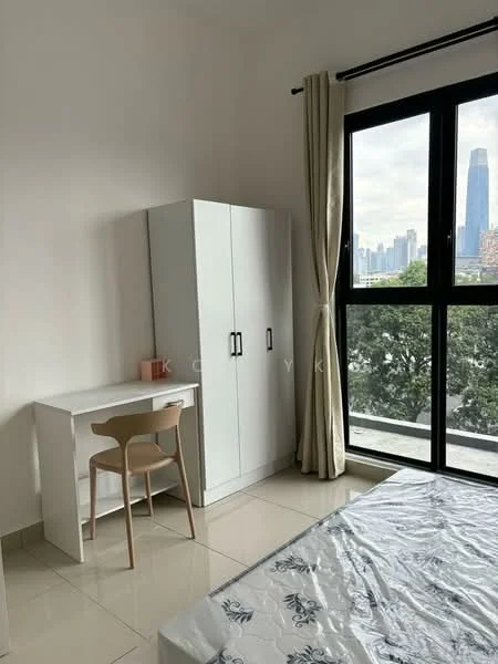 Bedroom features: queen-size bed with mattress, white painted walls, cream curtains, floor-to-ceiling windows, black window frames, light-colored tiled flooring, white wardrobe with sliding doors, study desk with chair, city skyline view; style: modern; view: city.