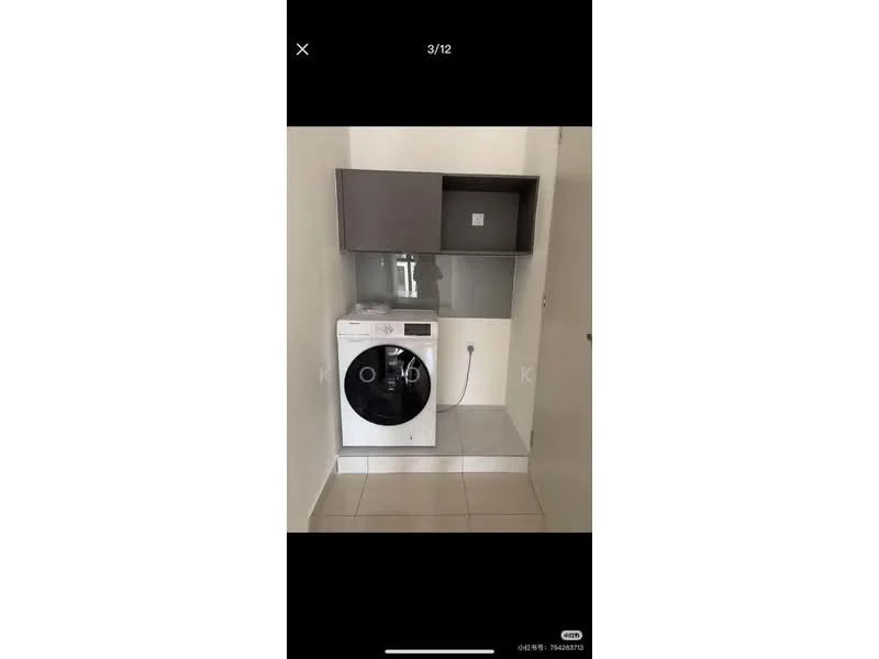Laundry features: front-load washing machine, grey cabinetry above machine, white countertop, white tiled flooring, neutral wall colour, power outlet visible; style: modern.