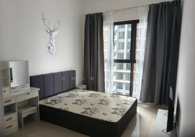 Bedroom features: queen-size bed, upholstered headboard, white bedding with floral pattern, floor-to-ceiling window, blackout curtains, sheer curtains, white painted walls, glossy tile flooring, wall-mounted mirror, study desk with drawers, decorative wall art in the shape of a deer; style: modern; view: city.