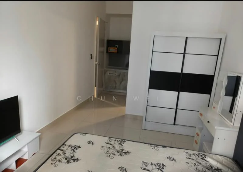 Bedroom features: queen-size bed with floral bedding, white wardrobe with black accents, white dresser with mirror, wall-mounted TV, tiled flooring, neutral painted walls, doorway leading to another room, window with natural light; style: modern.