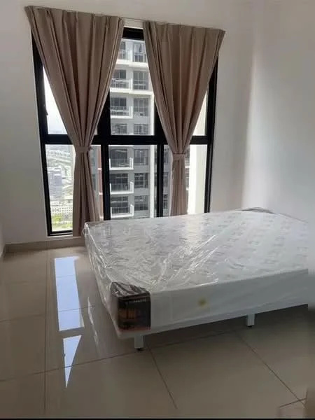Bedroom features: queen-size bed with mattress protector, floor-to-ceiling windows, sheer curtains, white painted walls, glossy tile flooring, city view, minimalist decor; style: modern; view: city.