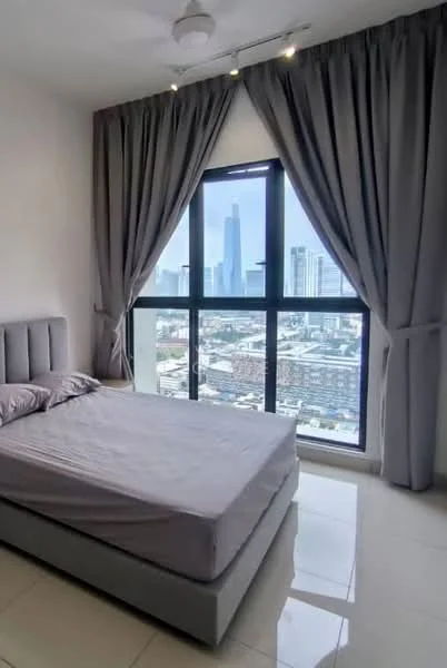 Bedroom features: king-size bed, upholstered headboard, floor-to-ceiling windows, grey curtains, white painted walls, polished tile flooring, ceiling fan, city view; style: modern; view: city.