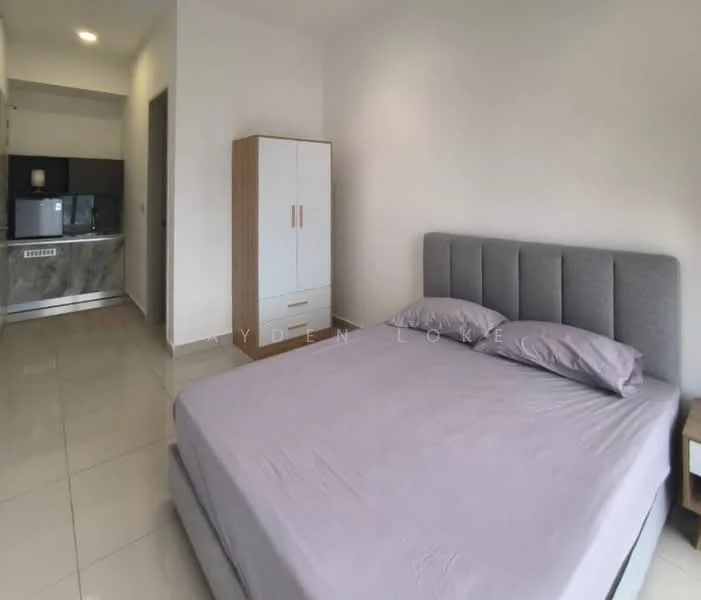 Bedroom features: queen-size bed with grey upholstered headboard, light grey bedding, white bedside table, built-in wardrobe with white doors, grey tiled flooring, white painted walls, recessed ceiling lights, window with natural light; style: modern. Kitchen features: kitchenette with grey cabinetry, black countertop, built-in microwave, refrigerator, stainless-steel sink, ceramic tile backsplash; style: modern.