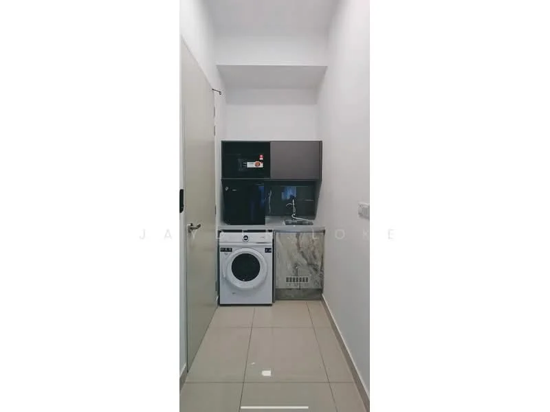 Laundry features: white front-load washing machine, built-in cabinetry in dark wood, countertop with grey marble finish, tile flooring in beige, white painted walls, microwave on shelf, single-bowl stainless-steel sink, wall-mounted cabinet above sink; style: modern.