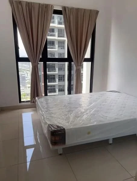 Bedroom features: queen-size bed with mattress protector, floor-to-ceiling windows, beige curtains, white painted walls, glossy ceramic tile flooring, city view, minimalist decor; style: modern; view: city.