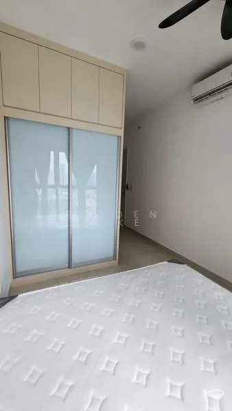 Bedroom features: built-in wardrobe with sliding doors, cream painted walls, wall-mounted split AC, ceiling fan, window with city view, light-colored flooring, queen-size bed, decorative wall paneling; style: modern; view: city.