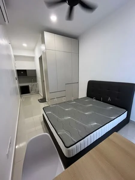 Bedroom features: queen-size bed with grey upholstered headboard, white bed frame, light grey bedding, white walls, tile flooring, ceiling fan, built-in wardrobe with grey cabinetry, small dining table with white chair, wall-mounted air conditioning unit; style: modern.