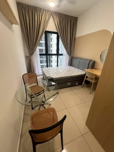 Bedroom features: queen-size bed, upholstered headboard, floor-to-ceiling windows, sheer curtains, cream painted walls, light-colored tile flooring, round glass dining table, 2 rattan dining chairs, wooden side table, recessed ceiling light; style: modern; view: city.