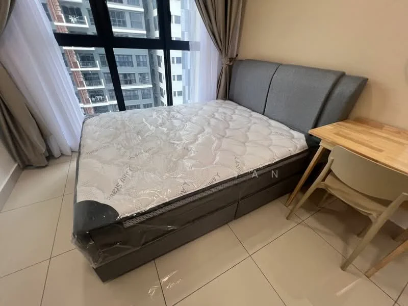 Bedroom features: queen-size bed, upholstered headboard, grey bed frame, bedding with protective cover, side table, wooden side table, single chair, floor-to-ceiling windows, sheer curtains, tile flooring, neutral wall color; style: modern; view: city.